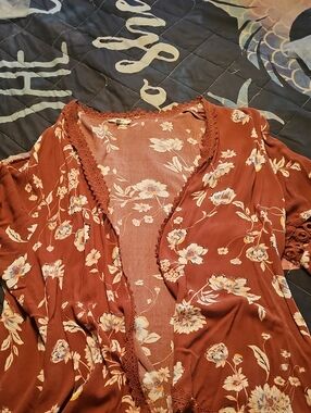 Maurices Rust Floral Lace-Trim Tunic